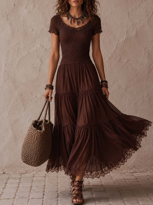 Retro Lace Trim Knitted Chiffon Midi Dress