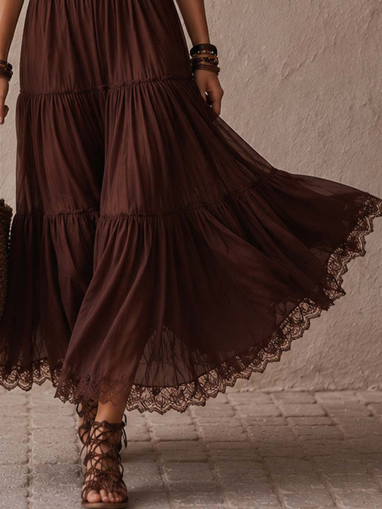 Retro Lace Trim Knitted Chiffon Midi Dress