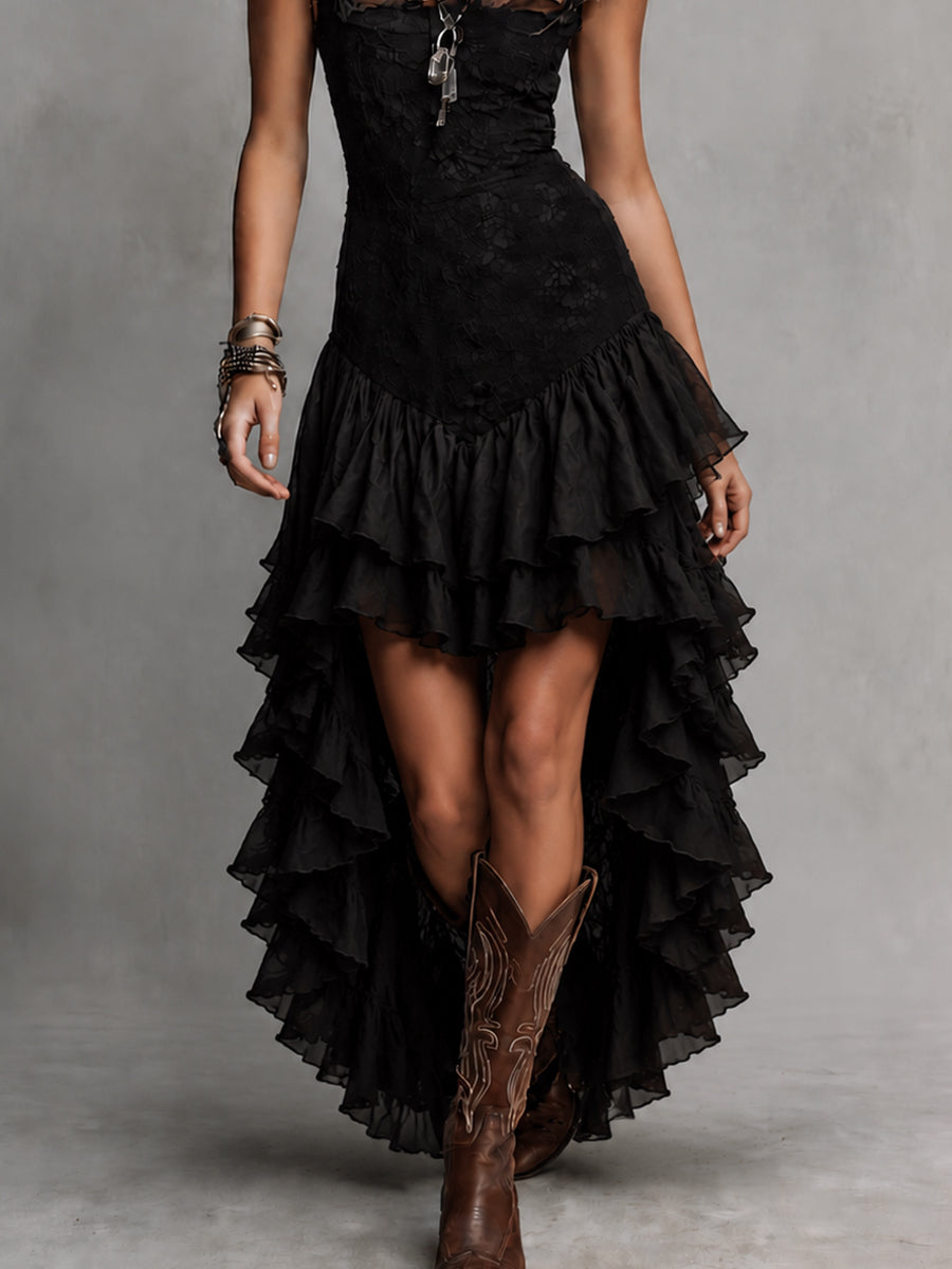 Gothic Lace Multi-Layer Ruffle High-Low Hem Maxi Dress
