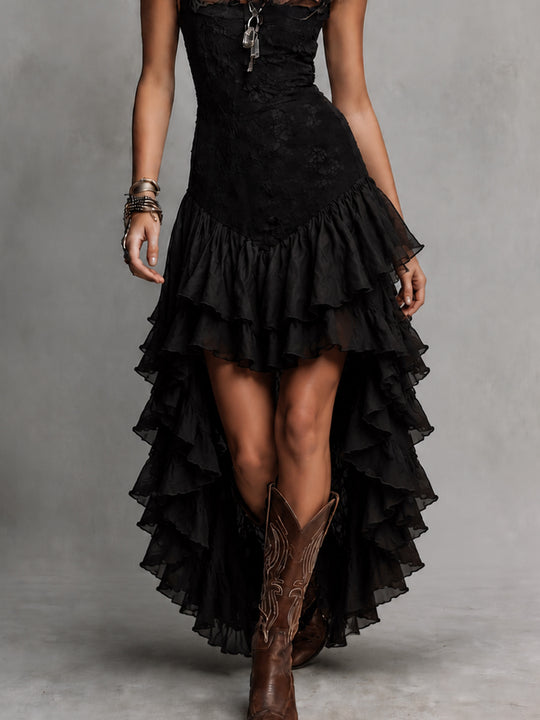 Gothic Lace Multi-Layer Ruffle High-Low Hem Maxi Dress