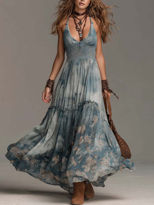 Retro Tie-Dye Floral Print Halter Maxi Dress