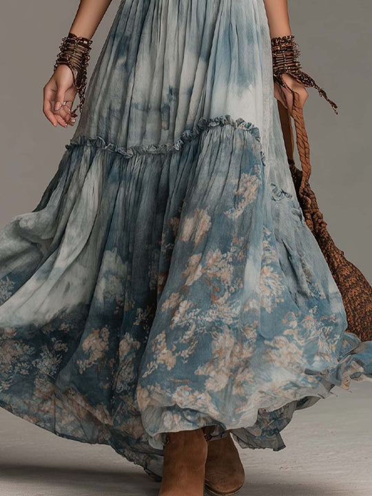 Retro Tie-Dye Floral Print Halter Maxi Dress
