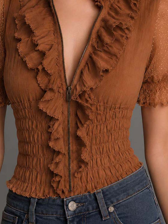 Caramel Cotton Mesh Puff Sleeve Ruffled Blouse