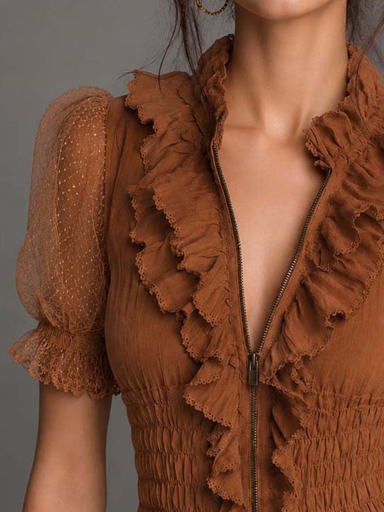 Caramel Cotton Mesh Puff Sleeve Ruffled Blouse