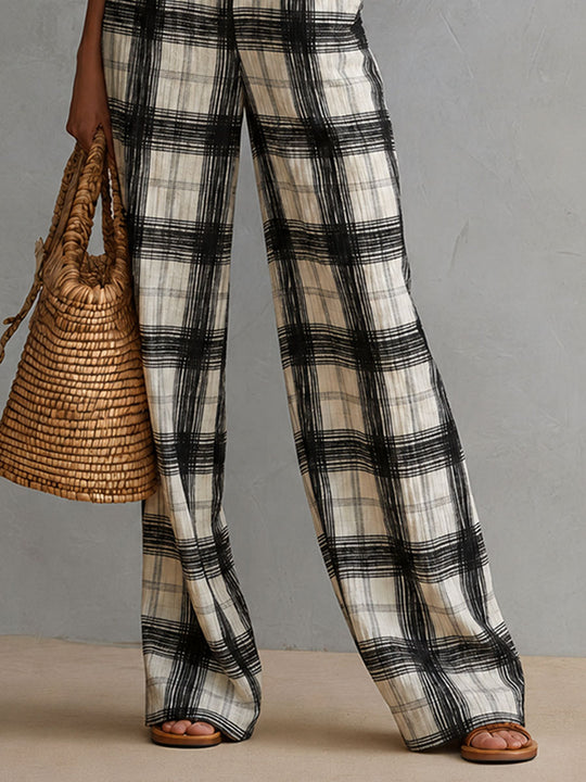 Boho Black And Ivory Plaid Pleated Linen Halter Wide-Leg Jumpsuit
