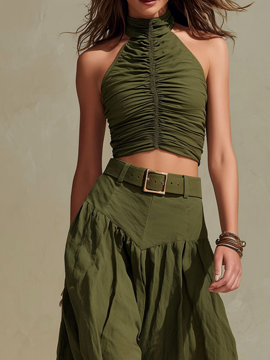 Boho Olive Green Ruched Top & High-Waisted Wide Leg Pants Two-Piece Set