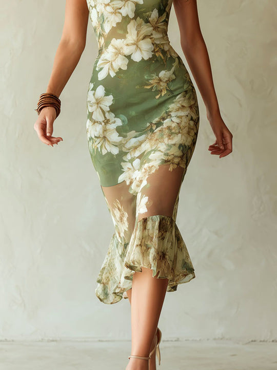 Boho Romantic Olive Floral Sheer Mesh Halter Midi Dress With Ruffled Hem