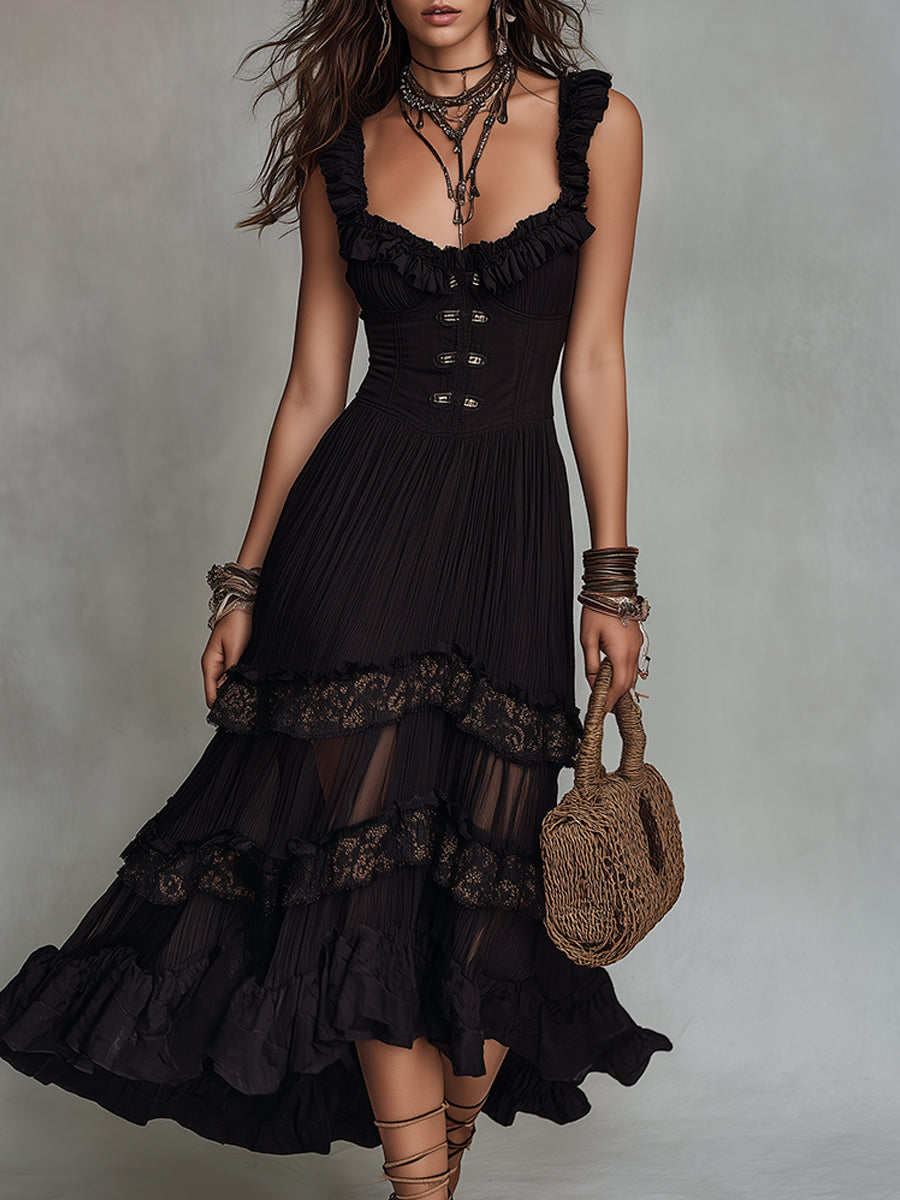 Vintage Chiffon Crinkle A-Line Midi Dress With Lace Trim