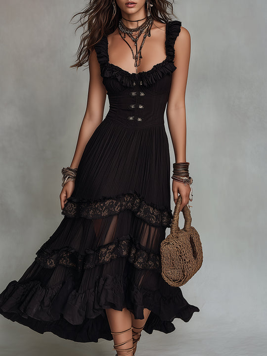 Vintage Chiffon Crinkle A-Line Midi Dress With Lace Trim