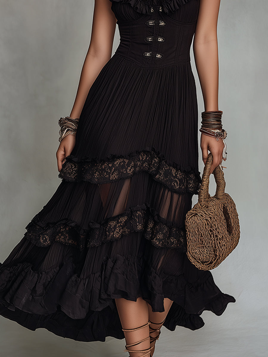 Vintage Chiffon Crinkle A-Line Midi Dress With Lace Trim