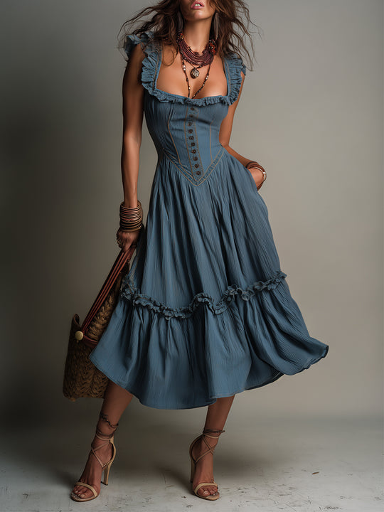 Boho Ruffle-Trimmed A-Line Midi Dress With Side Pockets