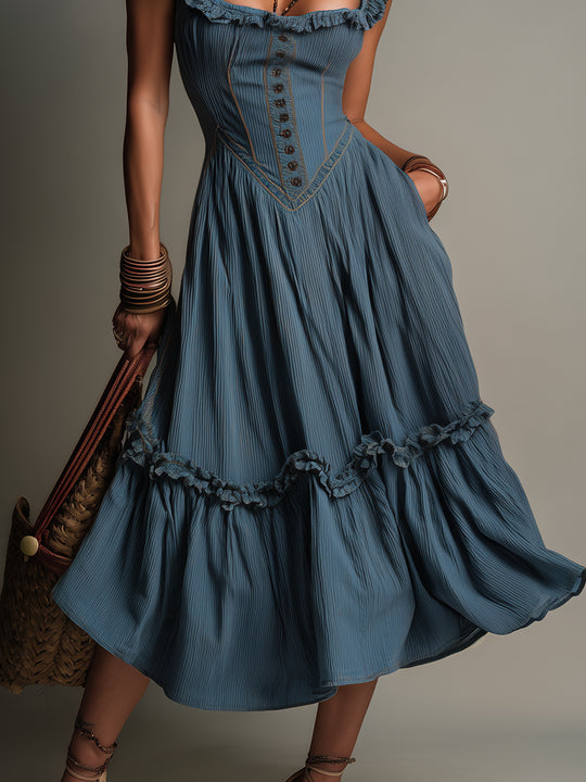 Boho Ruffle-Trimmed A-Line Midi Dress With Side Pockets