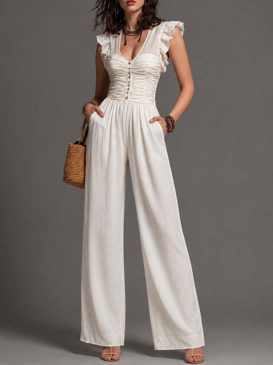 White Crinkled Cotton-Linen Blend Ruffled Corset Wide-Leg Jumpsuit