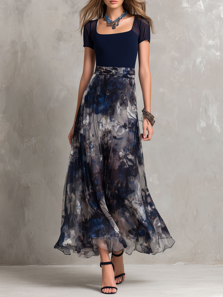 Boho Elegant Navy Floral Chiffon Evening Maxi Dress