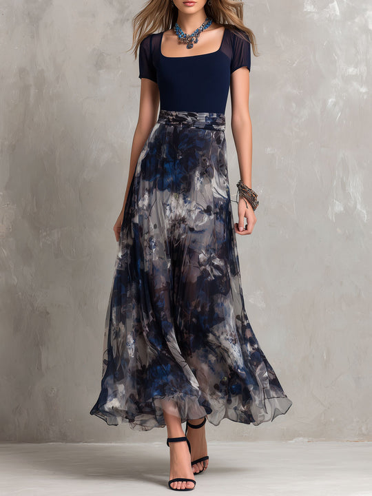 Boho Elegant Navy Floral Chiffon Evening Maxi Dress