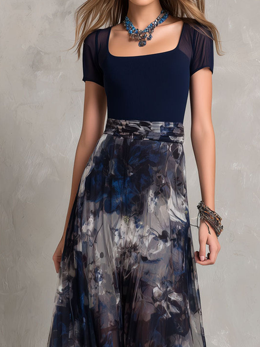 Boho Elegant Navy Floral Chiffon Evening Maxi Dress