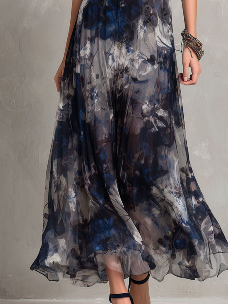 Boho Elegant Navy Floral Chiffon Evening Maxi Dress