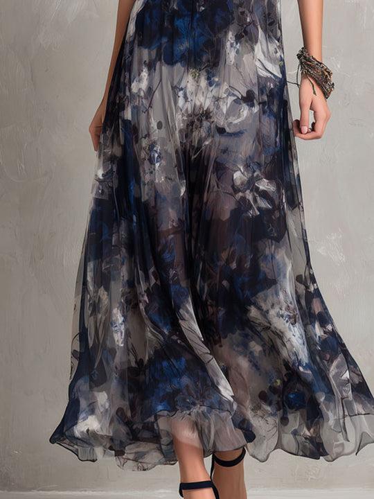 Boho Elegant Navy Floral Chiffon Evening Maxi Dress