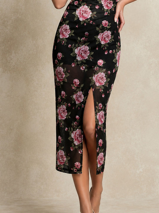 Boho Romantic Black Mesh Floral Halter Neck Keyhole Front Midi Dress
