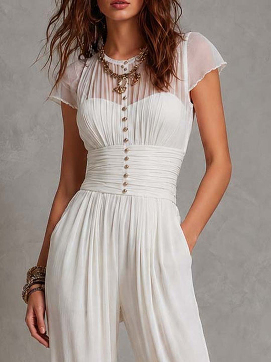 White Knit Chiffon-Paneled Sleeves Jumpsuit With Cinched Waist