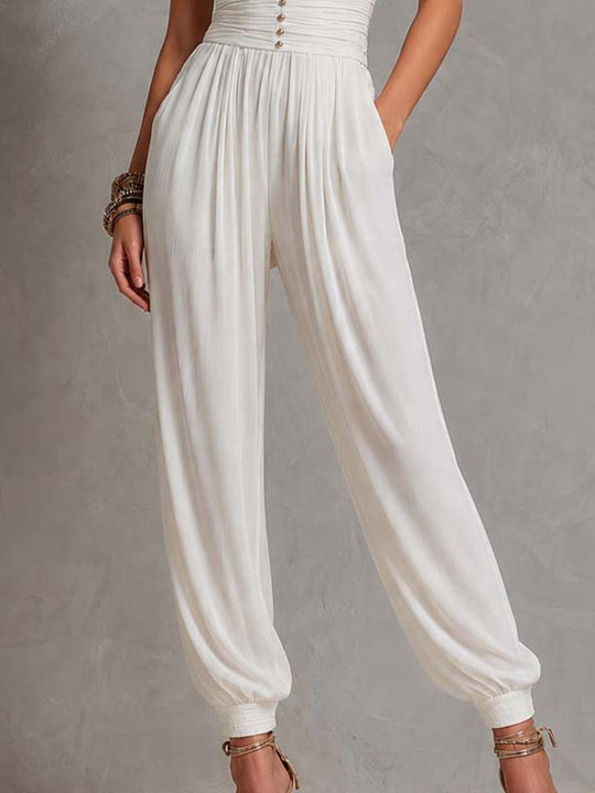 White Knit Chiffon-Paneled Sleeves Jumpsuit With Cinched Waist