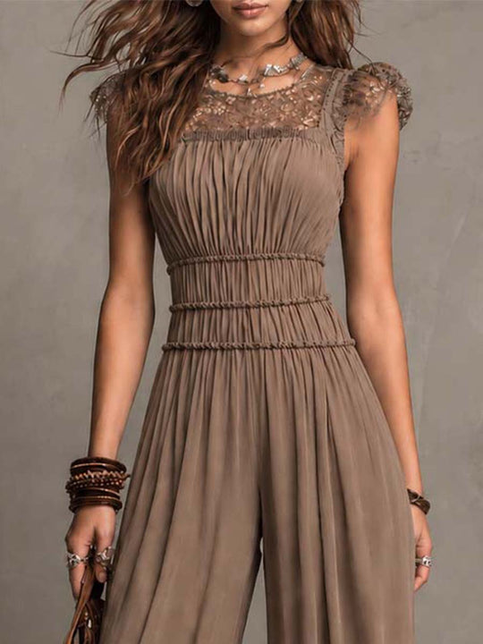 Mocha Brown Chiffon & Lace Flutter Sleeve Wide-Leg Jumpsuit