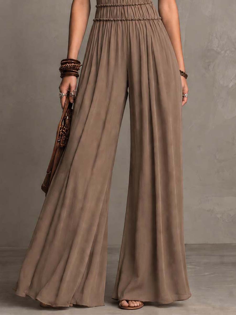 Mocha Brown Chiffon & Lace Flutter Sleeve Wide-Leg Jumpsuit