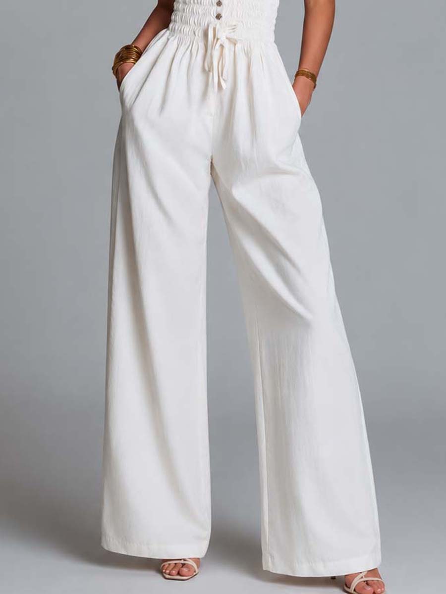 White Cotton Blend Ruffled Strap Smocked Wide-Leg Jumpsuit