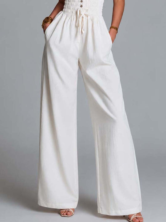 White Cotton Blend Ruffled Strap Smocked Wide-Leg Jumpsuit