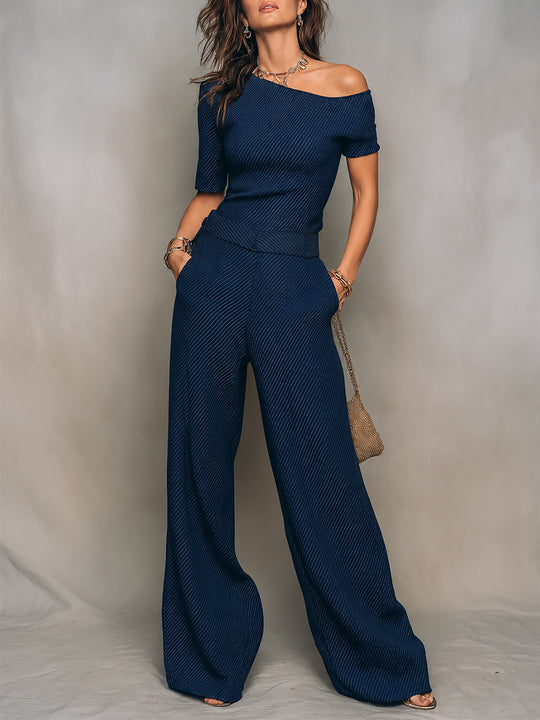 Quiet Luxury One-Shoulder Striped Wide-Leg Jumpsuit