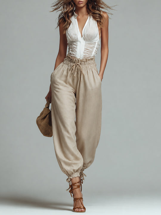 Retro Pleated Sleeveless Blouse & Tulip-Hem Balloon Pants Set