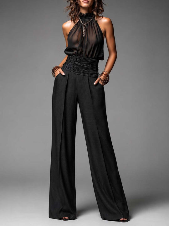 Black Sheer Chiffon Halter Top & Textured Wide-Leg Pants Set