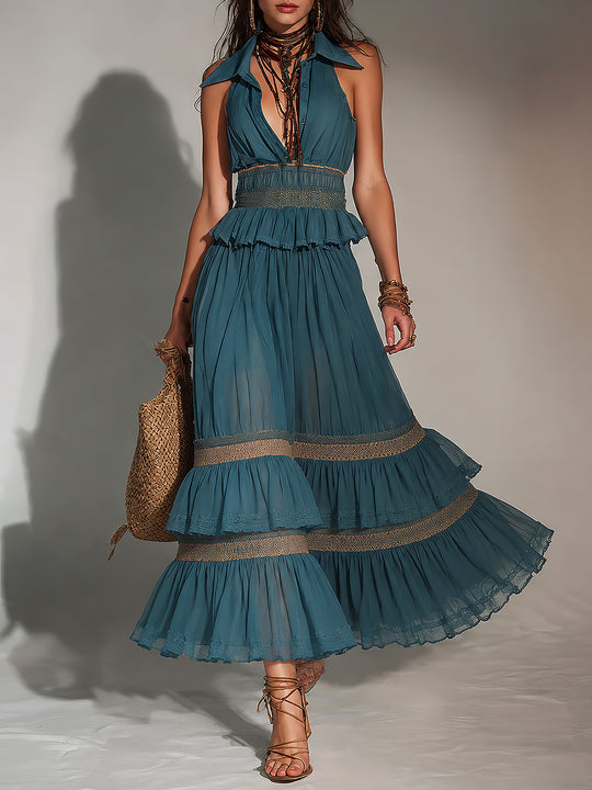 Boho Shirt-Collar Lace Trim Chiffon Maxi Dress