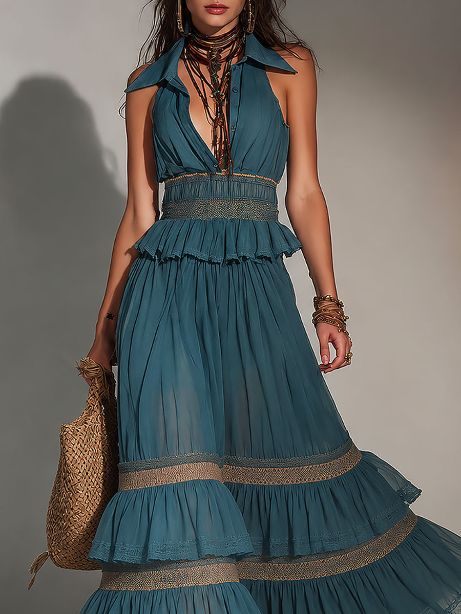 Boho Shirt-Collar Lace Trim Chiffon Maxi Dress