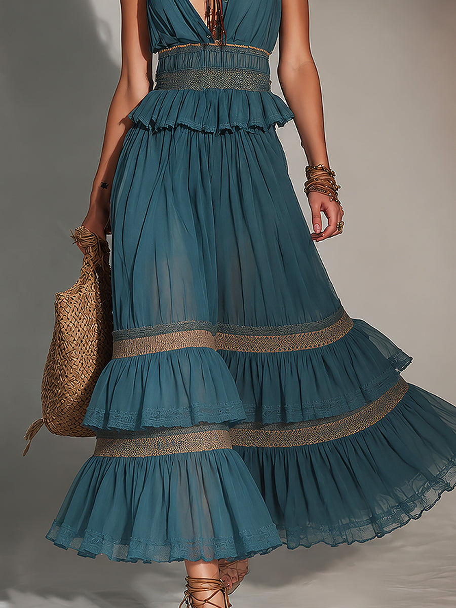 Boho Shirt-Collar Lace Trim Chiffon Maxi Dress