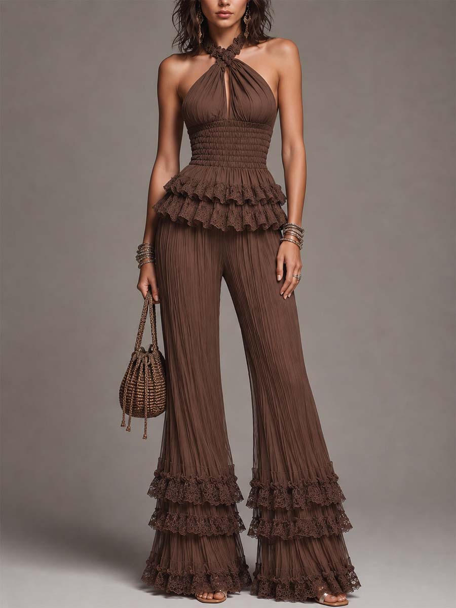 Chocolate Brown Knit & Crinkled Chiffon Lace Ruffled Halter Two-Piece Set