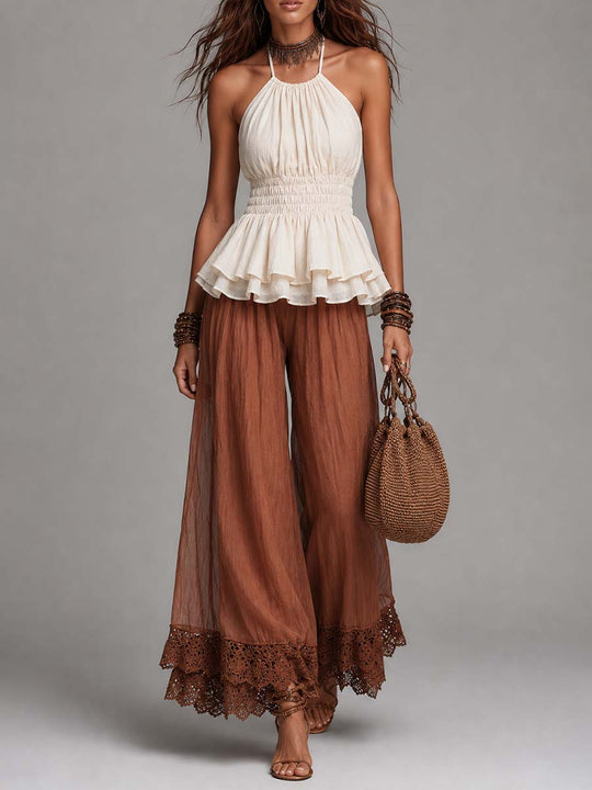 Bohemian Two-Tone Halter Peplum Top & Lace-Trimmed Wide-Leg Pants Set