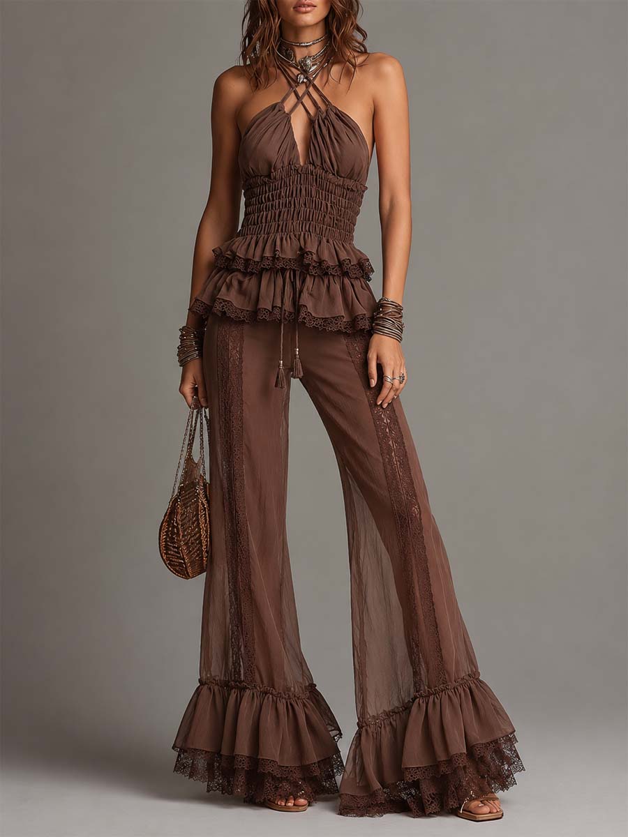 Mocha Brown Sheer Chiffon Lace-Trimmed Halter Two-Piece Set