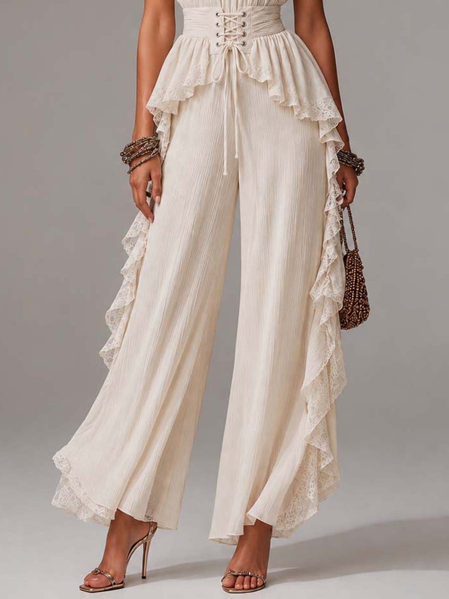 Cream Crinkled Chiffon Lace Ruffled Halter Wide-Leg Jumpsuit