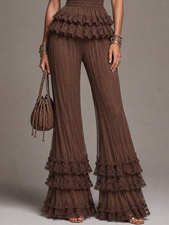 Chocolate Brown Knit & Crinkled Chiffon Lace Ruffled Halter Two-Piece Set