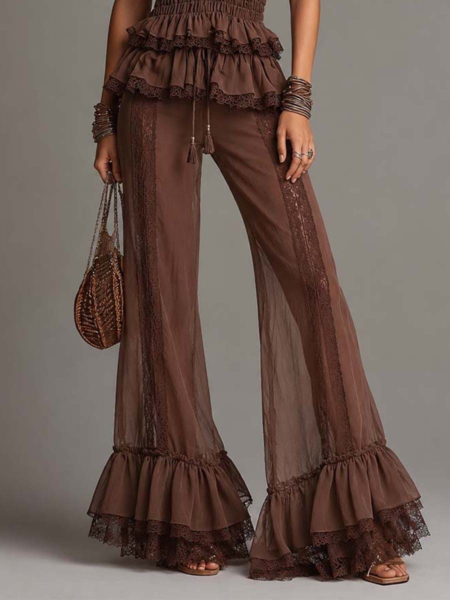 Mocha Brown Sheer Chiffon Lace-Trimmed Halter Two-Piece Set