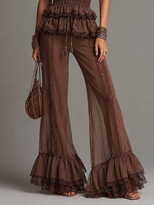Mocha Brown Sheer Chiffon Lace-Trimmed Halter Two-Piece Set