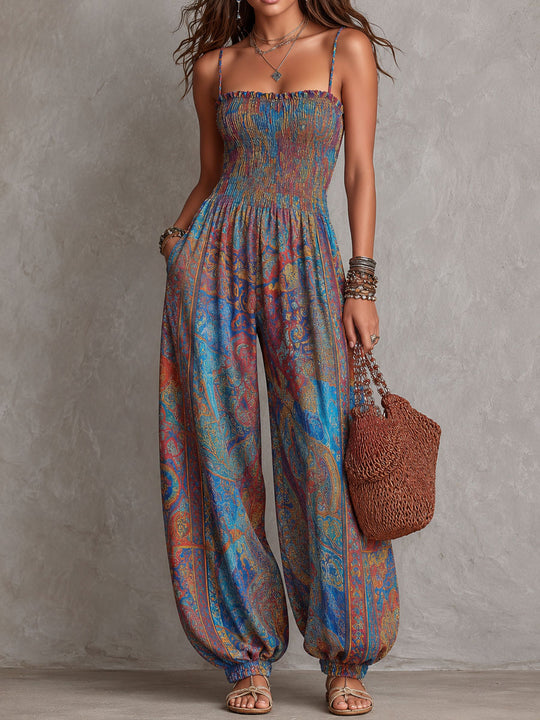 Boho Paisley Print Smocked Bodice Harem Jumpsuit