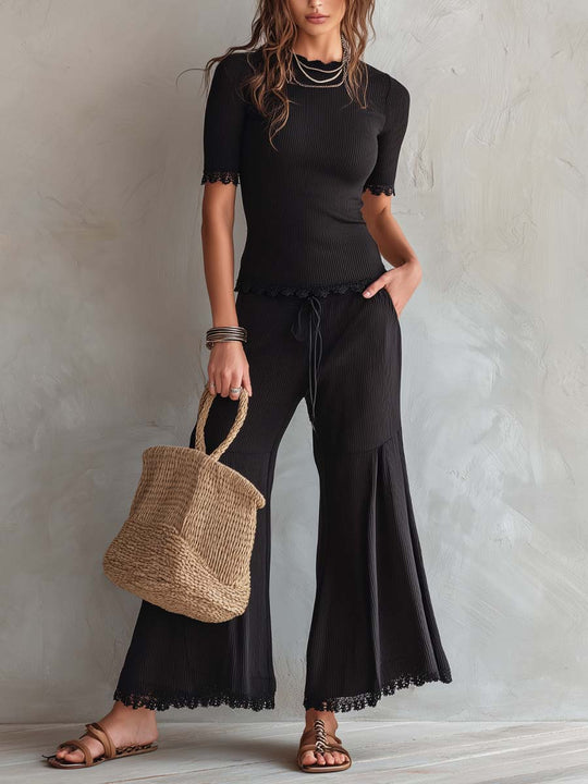 Retro Lace-Trimmed Ribbed Flare Pants Two-Piece Set