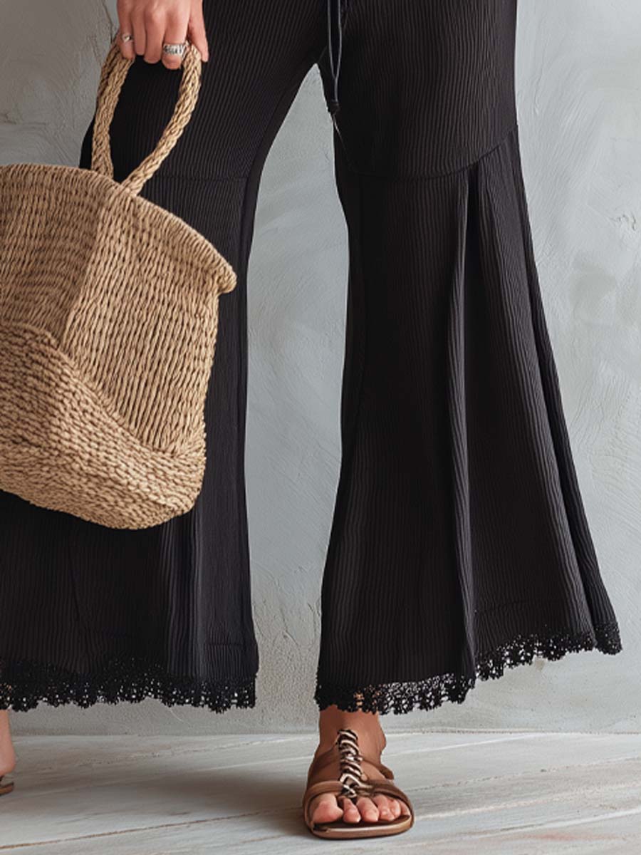 Retro Lace-Trimmed Ribbed Flare Pants Two-Piece Set