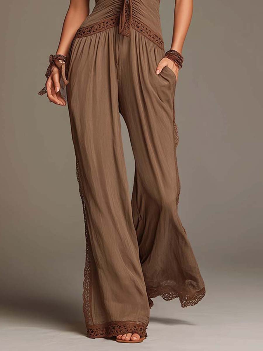 Mocha Brown Crinkled Chiffon Lace-Trimmed Halter Wide-Leg Jumpsuit