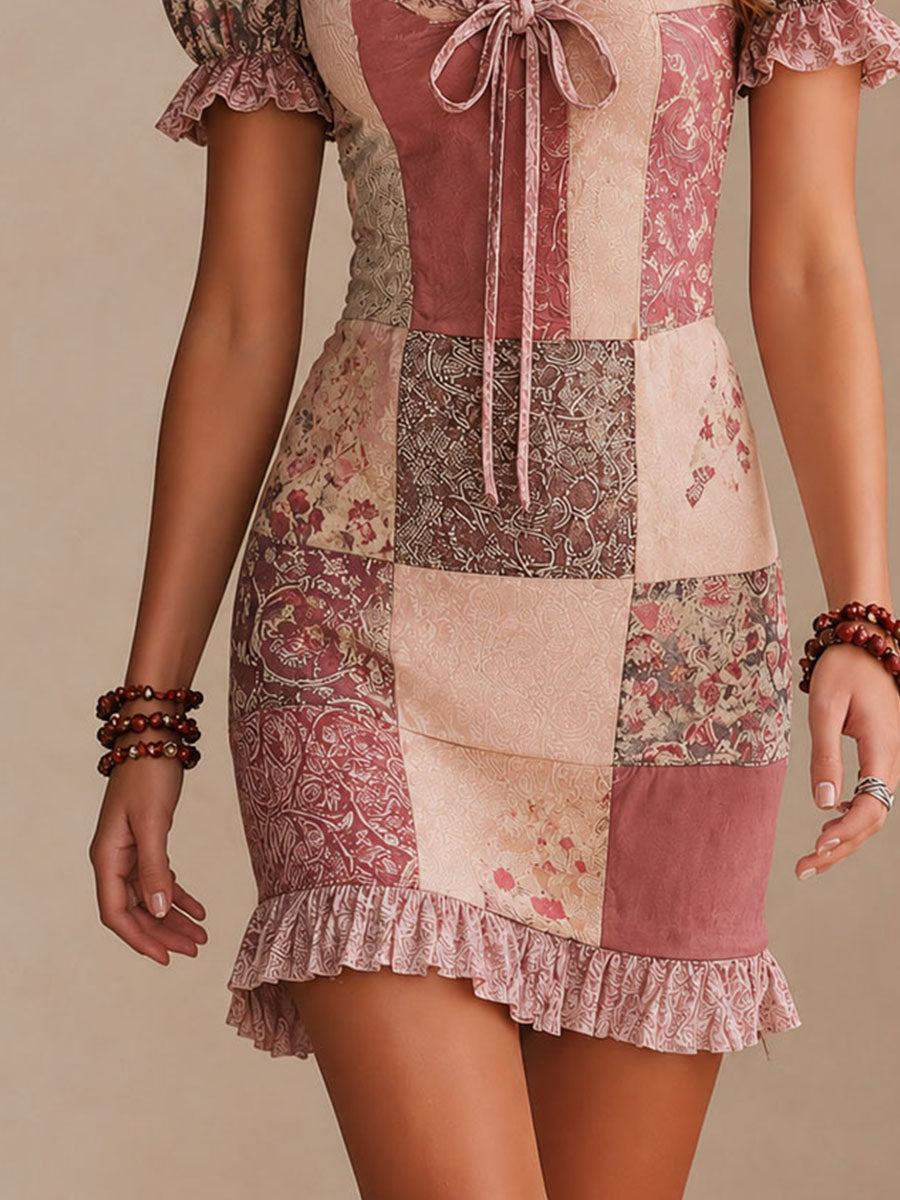 Vintage Patchwork Sweetheart Puff Sleeve Mini Dress