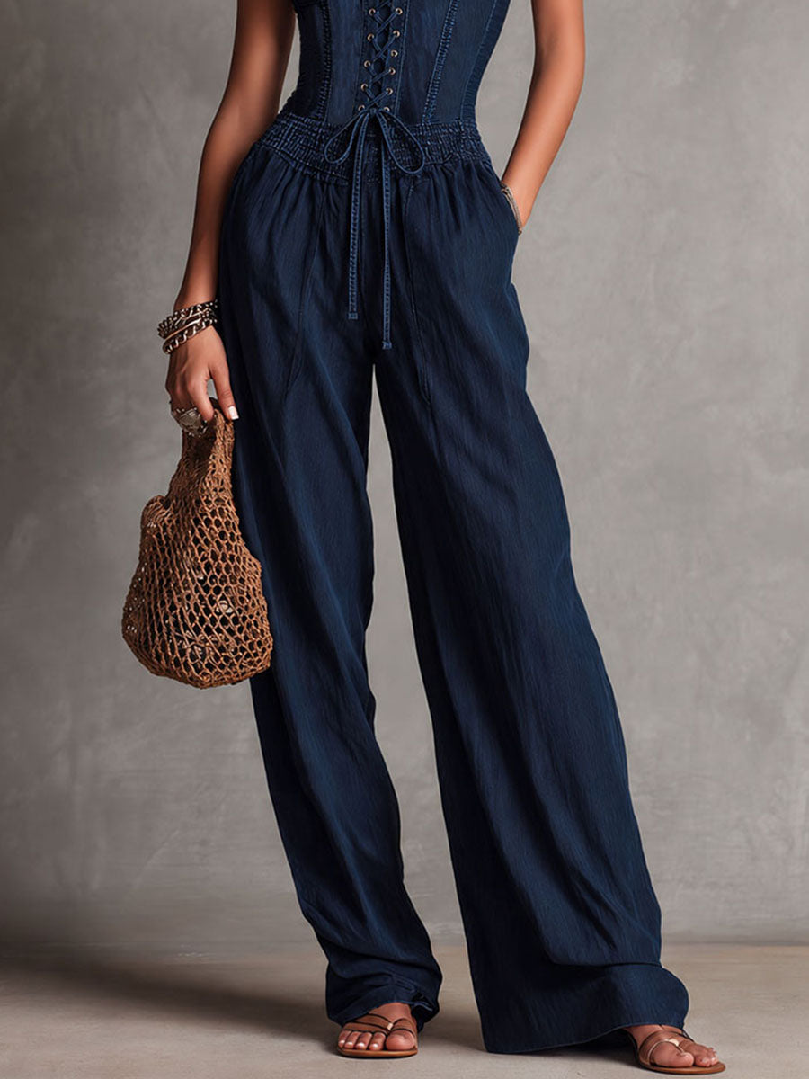 Boho Chic Navy Corset Lace-Up Wide-Leg Jumpsuit