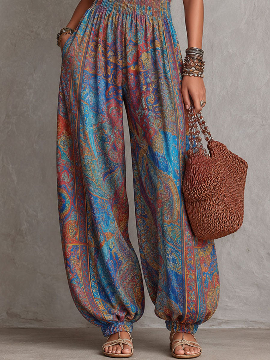Boho Paisley Print Smocked Bodice Harem Jumpsuit
