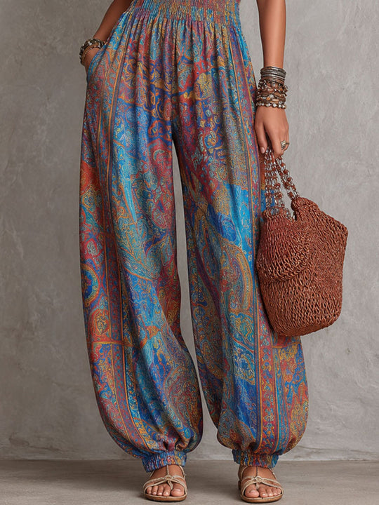 Boho Paisley Print Smocked Bodice Harem Jumpsuit